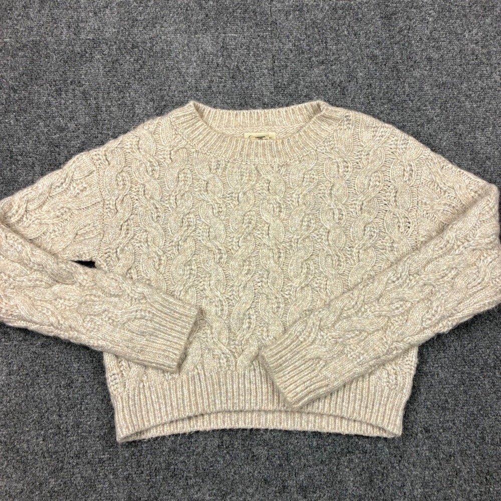 Jessica Simpson Womens Size XS Oatmeal Beige Cable Knit Cropped Crewneck Sweater